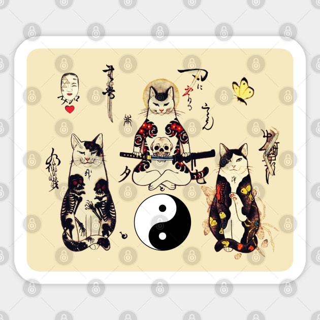 THREE SAMURAI CATS IN SKULL,SKELETON,BUTTERFLY TATTOOS AND YIN YANG SYMBOL Sticker by BulganLumini